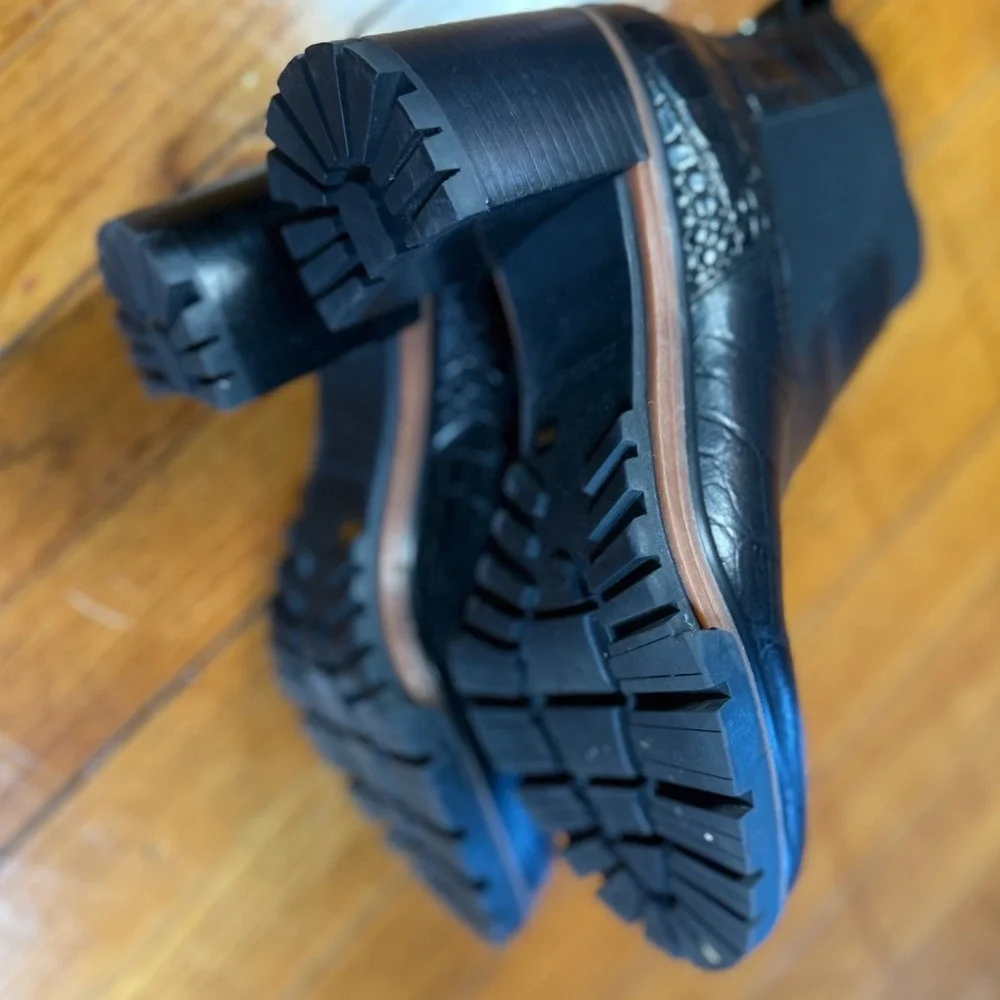 Sam Edelman Black Croc Embossed Leather Chelsea Lug Sole Block Heel Ankle Boots